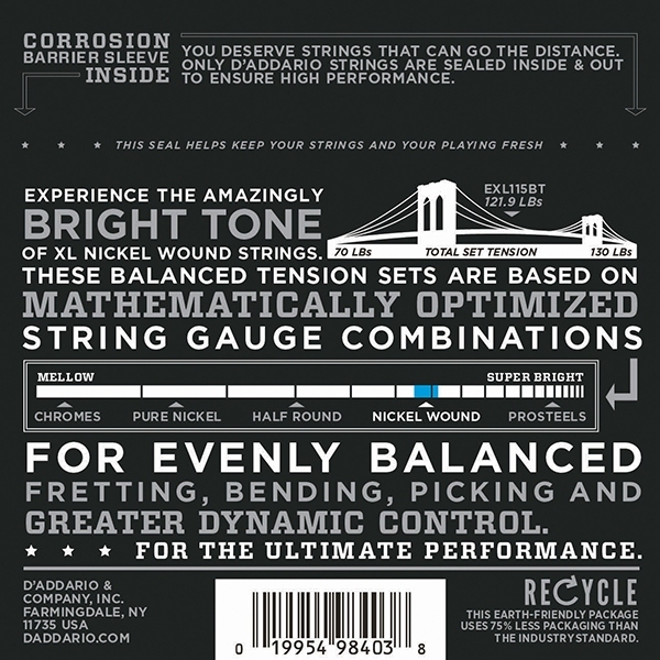 Комплект струн для электрогитары, Medium, 11-50, D'Addario EXL115BT Nickel Wound